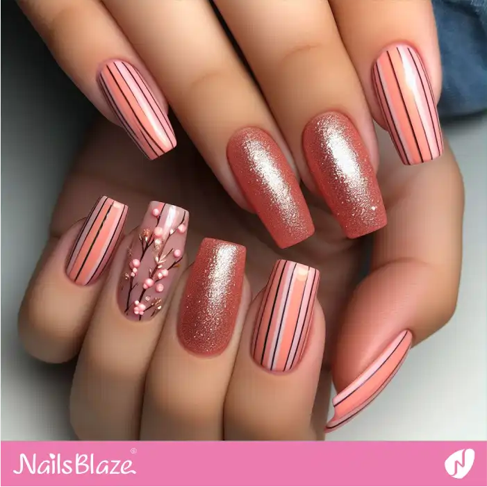 Peach Fuzz Stripes and Blossom Nail Design | Color of the Year 2024 - NB1873